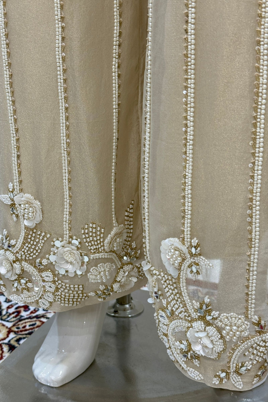 Beige Pearl, Sequins, Beads and Mirror work Top with Flared Palazzo Set