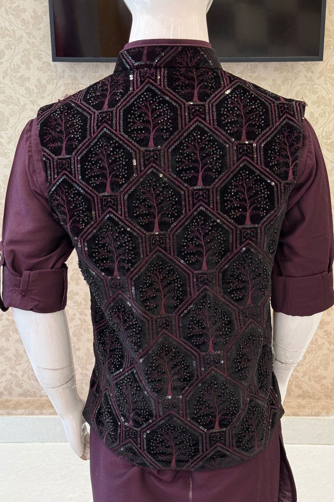 Wine Sequins, Beads and Thread work Waist Coat Kurta Set for Boys