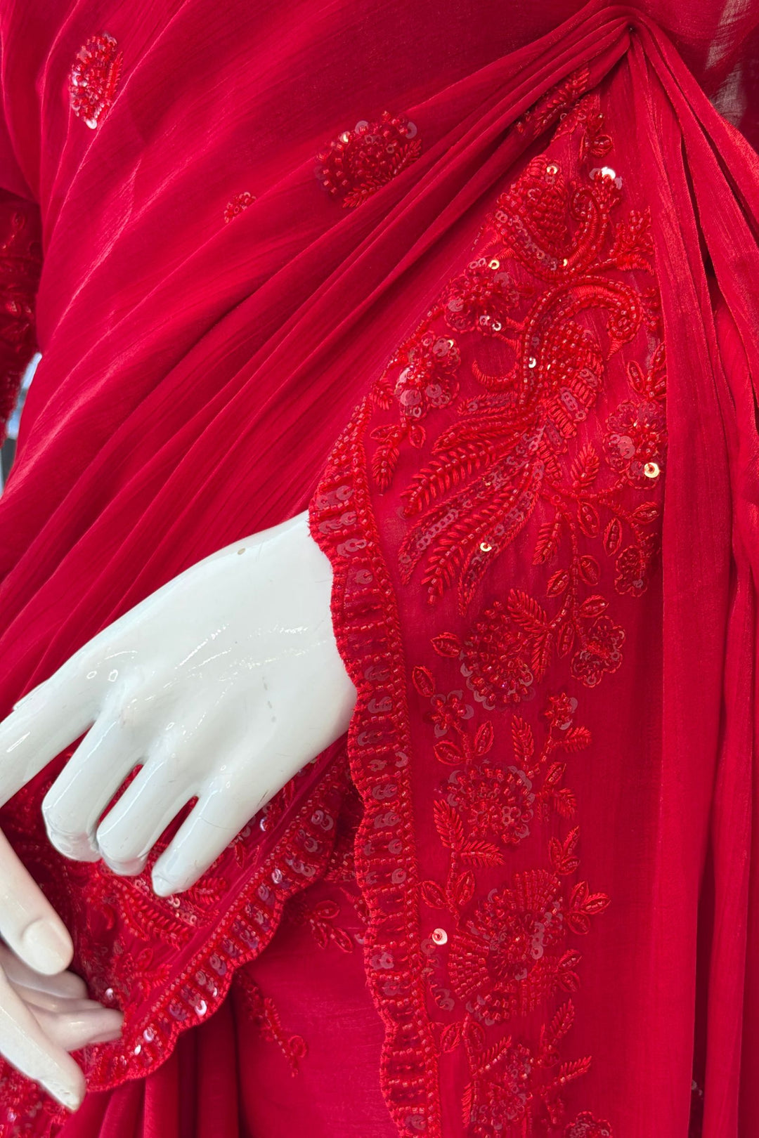 Red Beads, Thread and Sequins work Saree