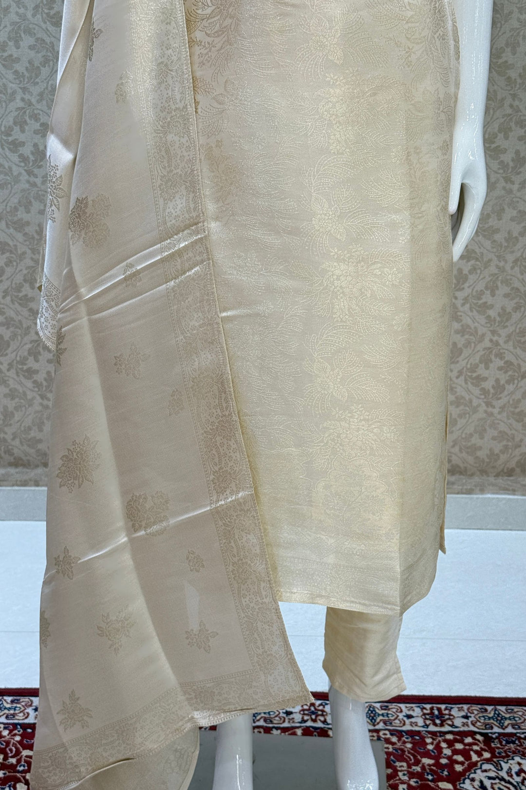 Cream Brocade, Beads, Sequins, Zardozi and Mirror work Straight Cut Salwar Suit