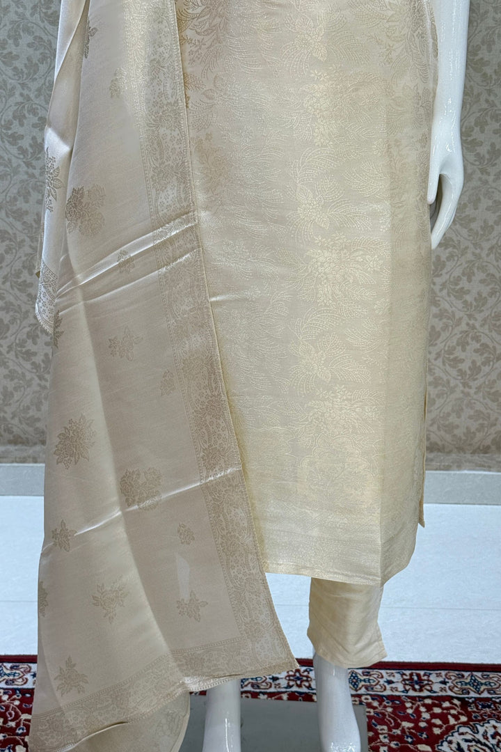 Cream Brocade, Beads, Sequins, Zardozi and Mirror work Straight Cut Salwar Suit