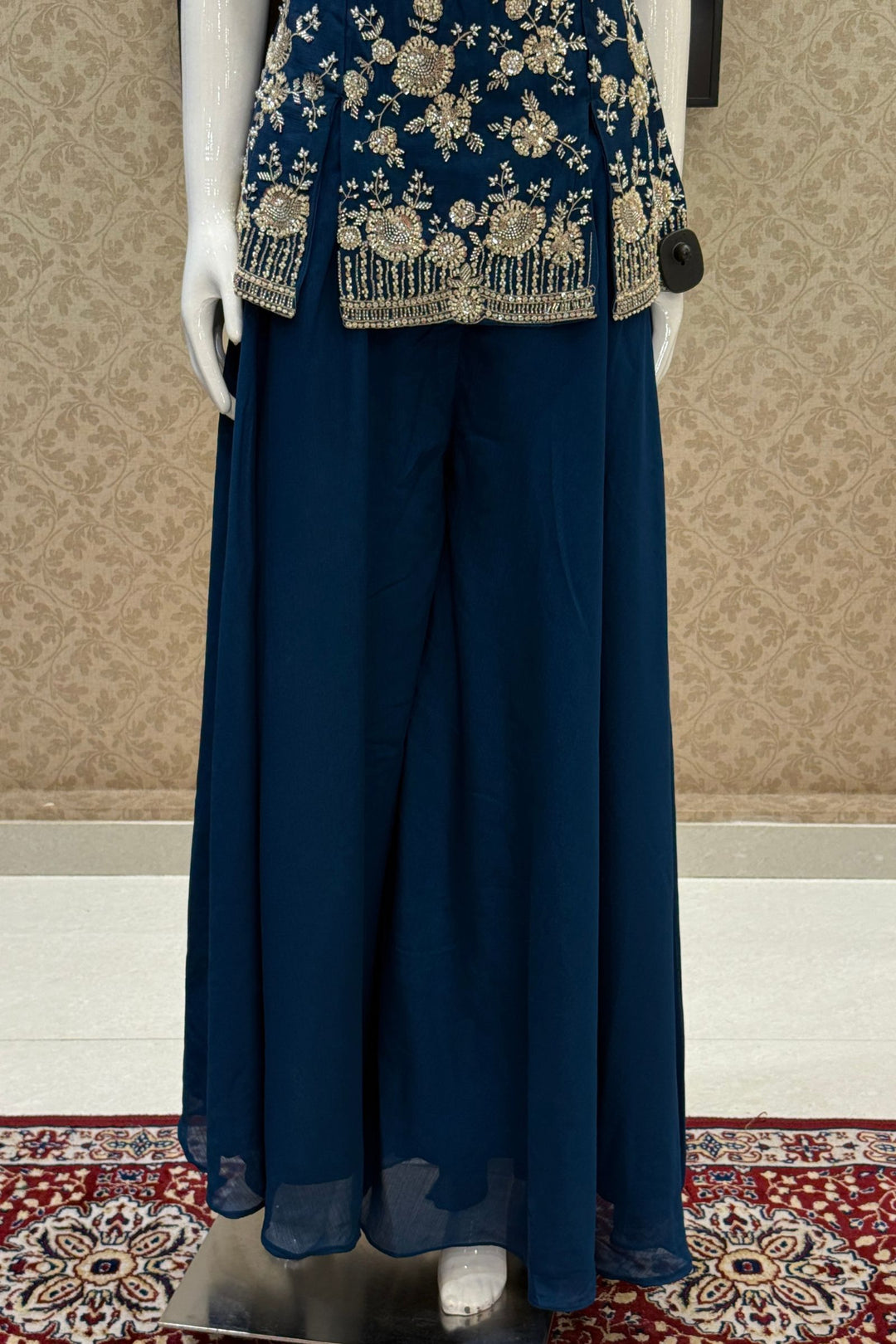 Peacock Blue Beads, Zari and Sequins work Palazzo Salwar Suit