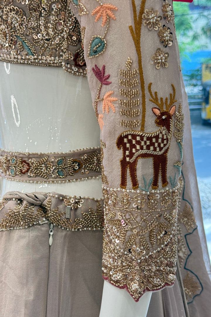 Beige Wedding Lehenga with Bird and Deer Motifs and Floral Bloom Embroidery with Belt
