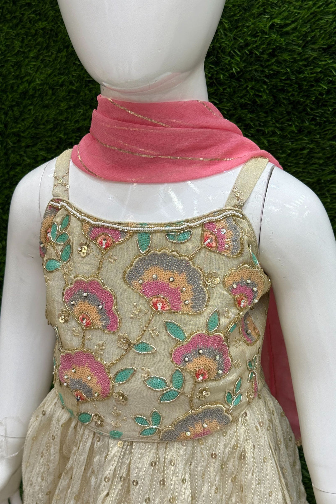 Cream Sequins, Multicolor Embroidery, Beads and Thread work Lehenga Choli for Girls