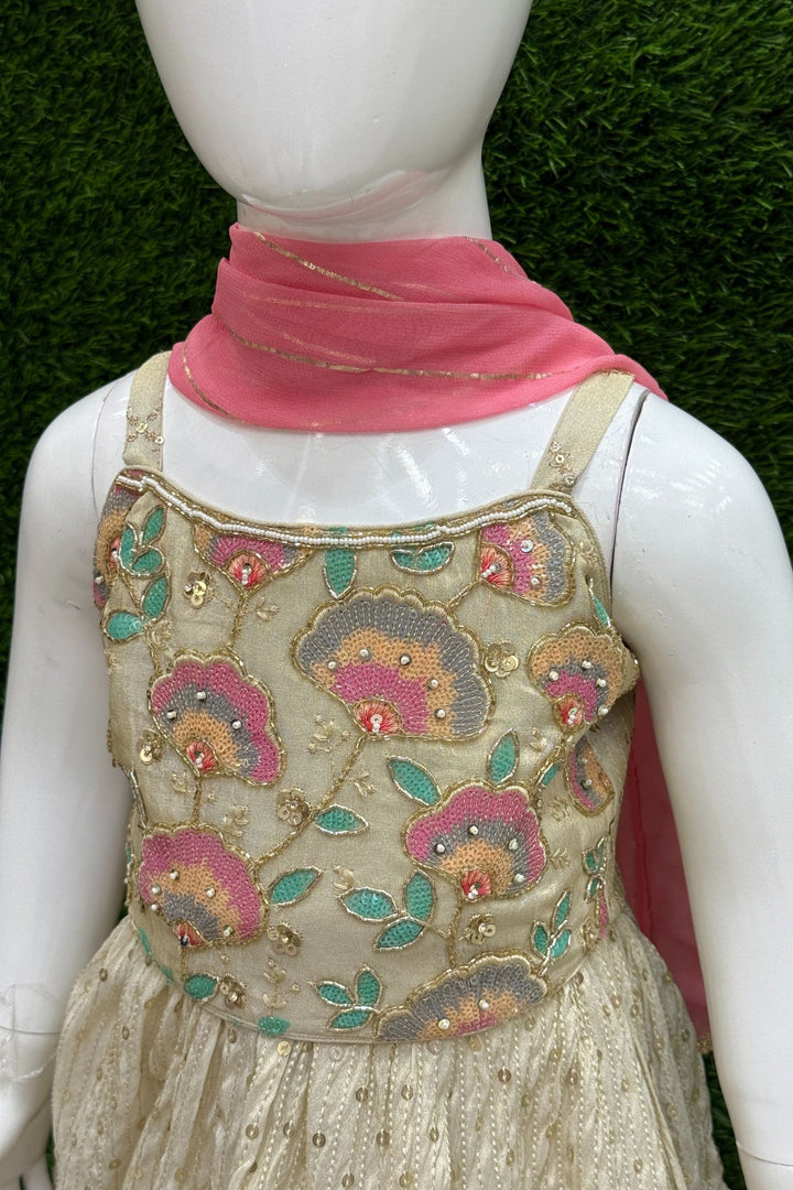 Cream Sequins, Multicolor Embroidery, Beads and Thread work Lehenga Choli for Girls