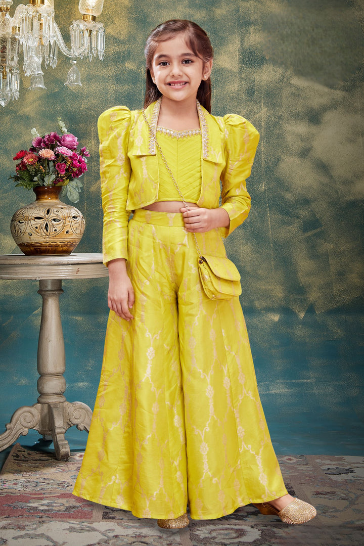 Neon Yellow Mirror, Stone and Jacquard work Overcoat Styled Long Party Gown for Girls