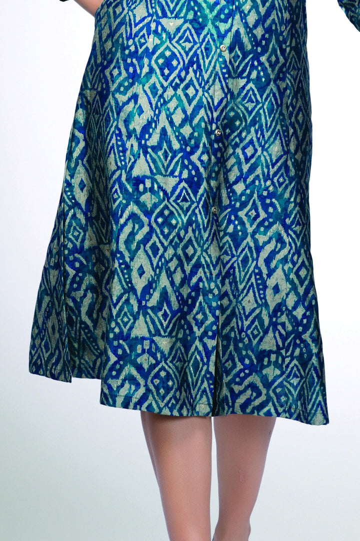 Peacock Blue Digital Print Aline Cut Calf Length Kurti