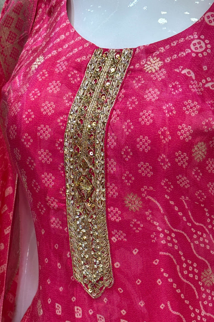 Rani Pink Banaras and Zari Weaving work with Bandini Print Straight Cut Salwar Suit