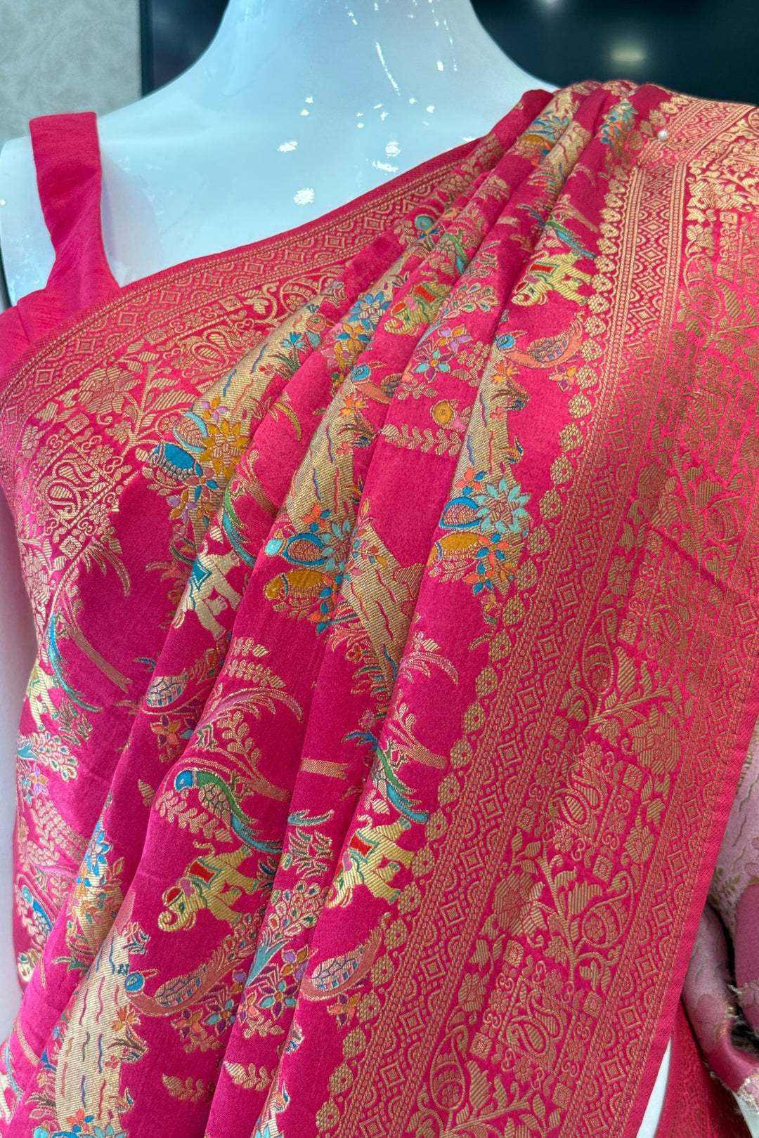 Rani Pink Saree Featuring Heritage Wildlife and Floral Banaras