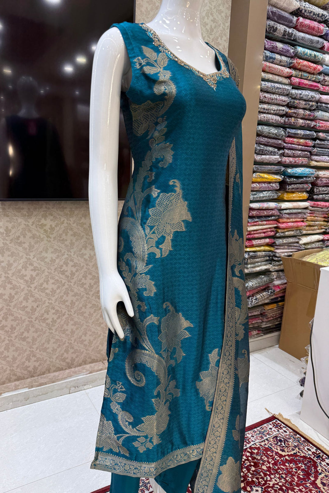 Peacock Green Banaras, Stone, Zardozi, Beads and Zari work Straight Cut Salwar Suit