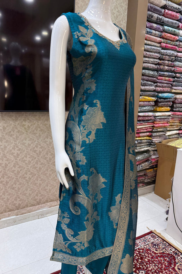 Peacock Green Banaras, Stone, Zardozi, Beads and Zari work Straight Cut Salwar Suit