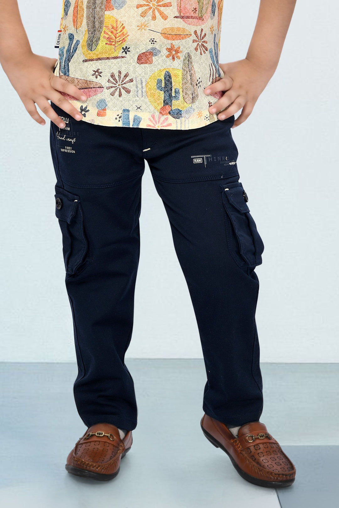 Cream with Multicolor Digital Print Casual wear Shirt and Blue Pant Set for Boys