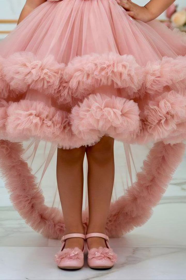 Onion Pink Beads, Sequins and Zari Thread work Tail Cut Double Layered Partywear Frock for Girls