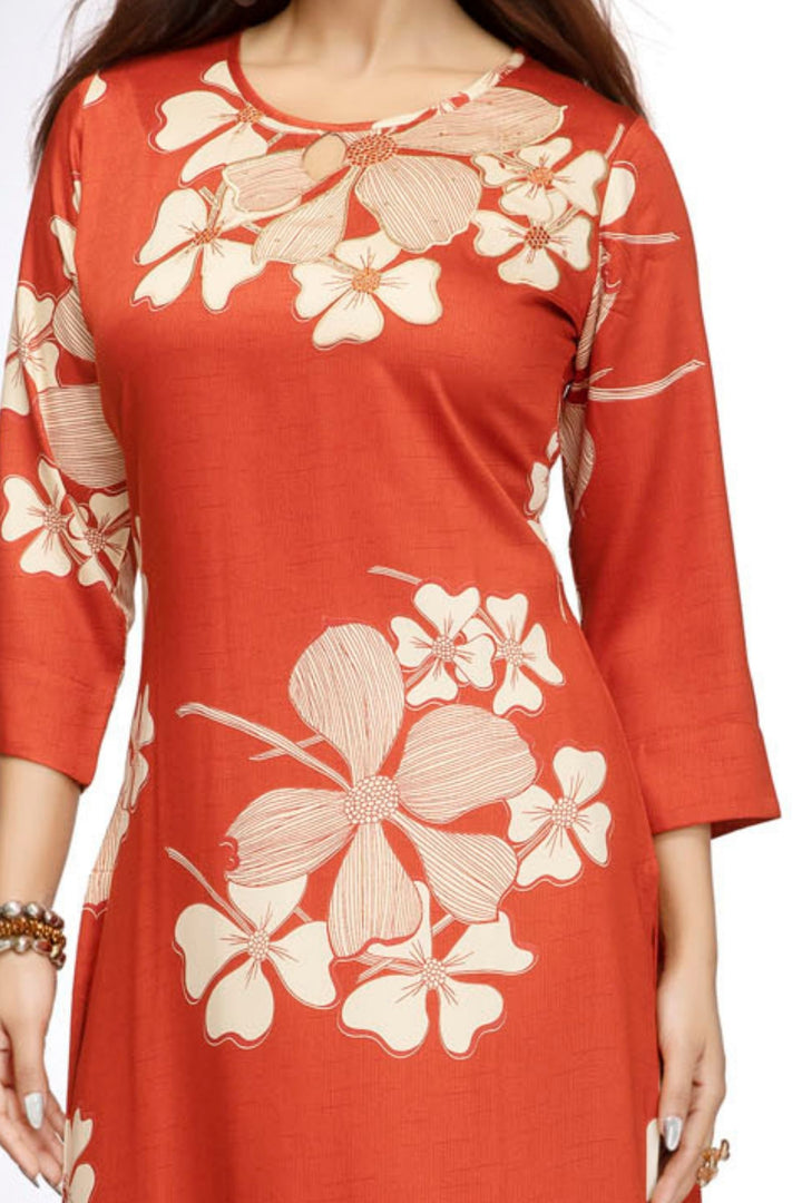 Rust Floral Print Straight Kurta Set