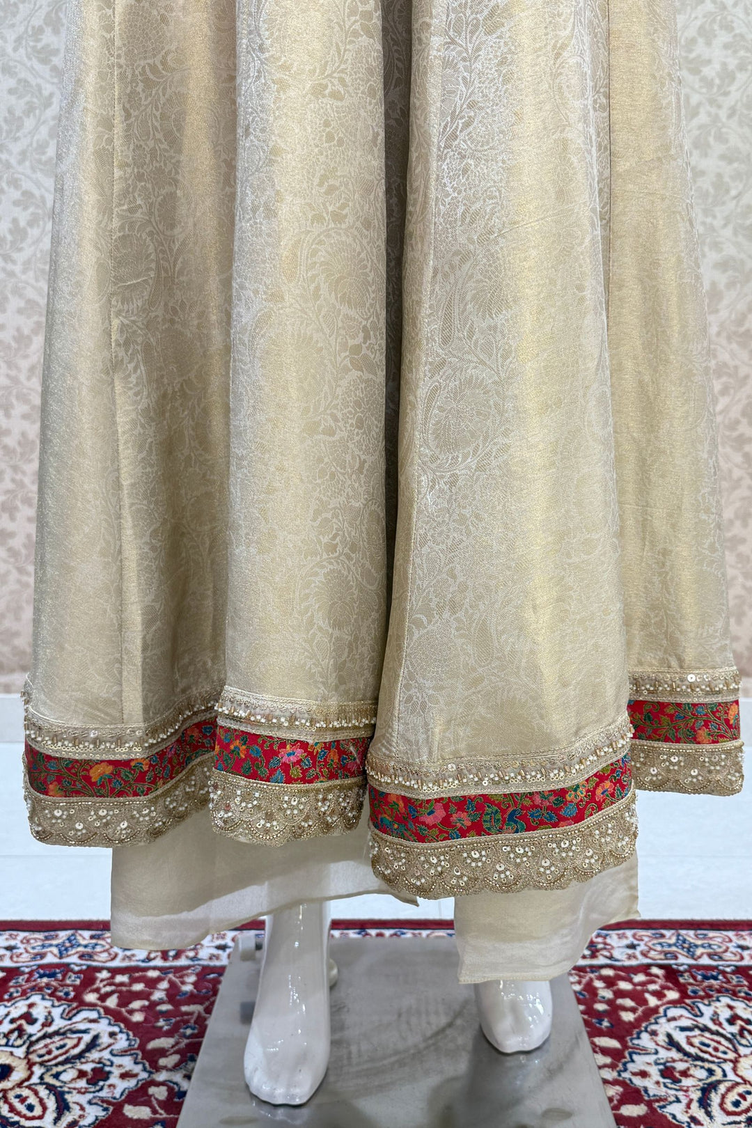 Beige Zardozi and Banaraswork Anarkali Style with jacket Salwar Suit with Palazzo Pant