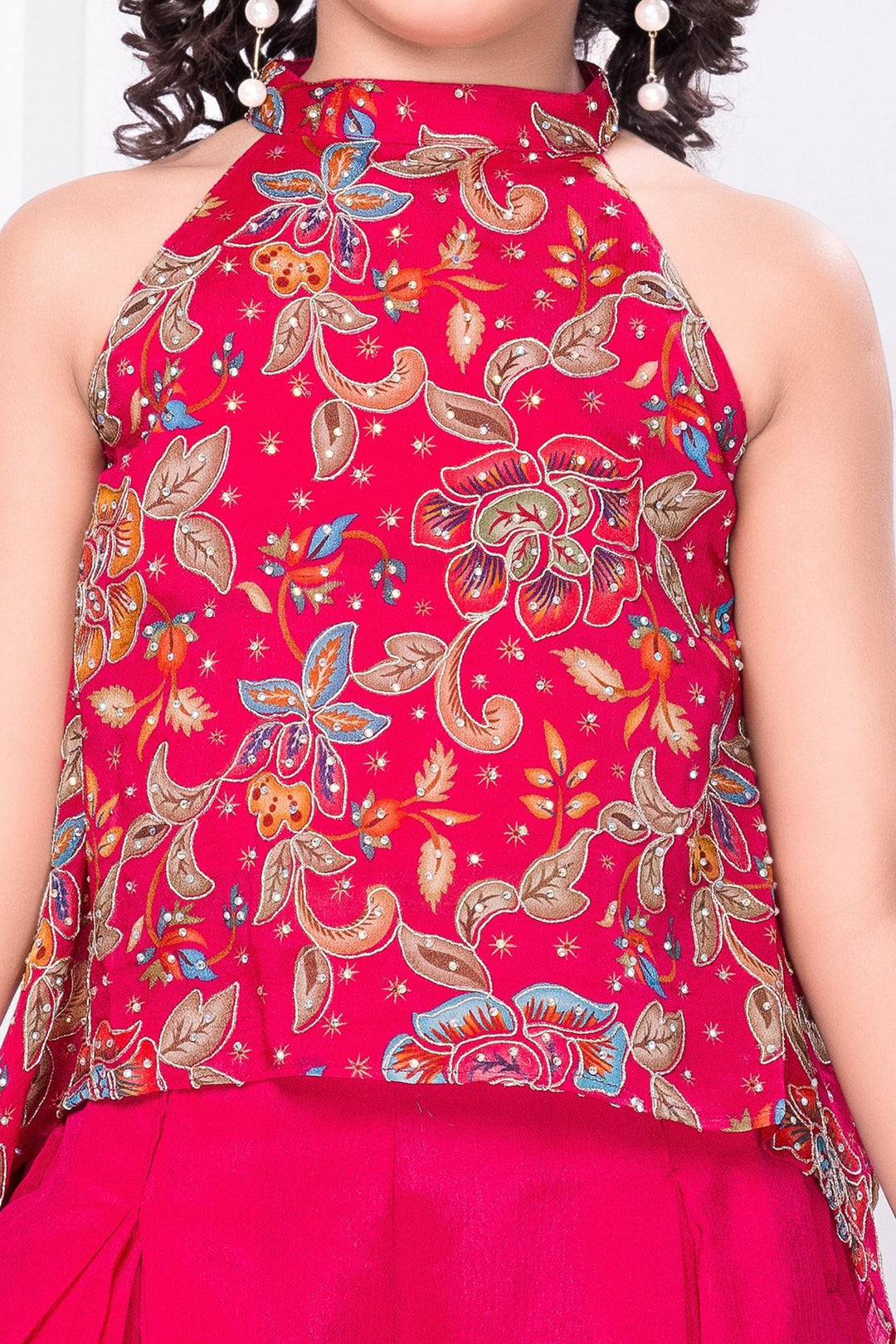 Rani Pink Girls Palazzo Set with Printed Halter Top