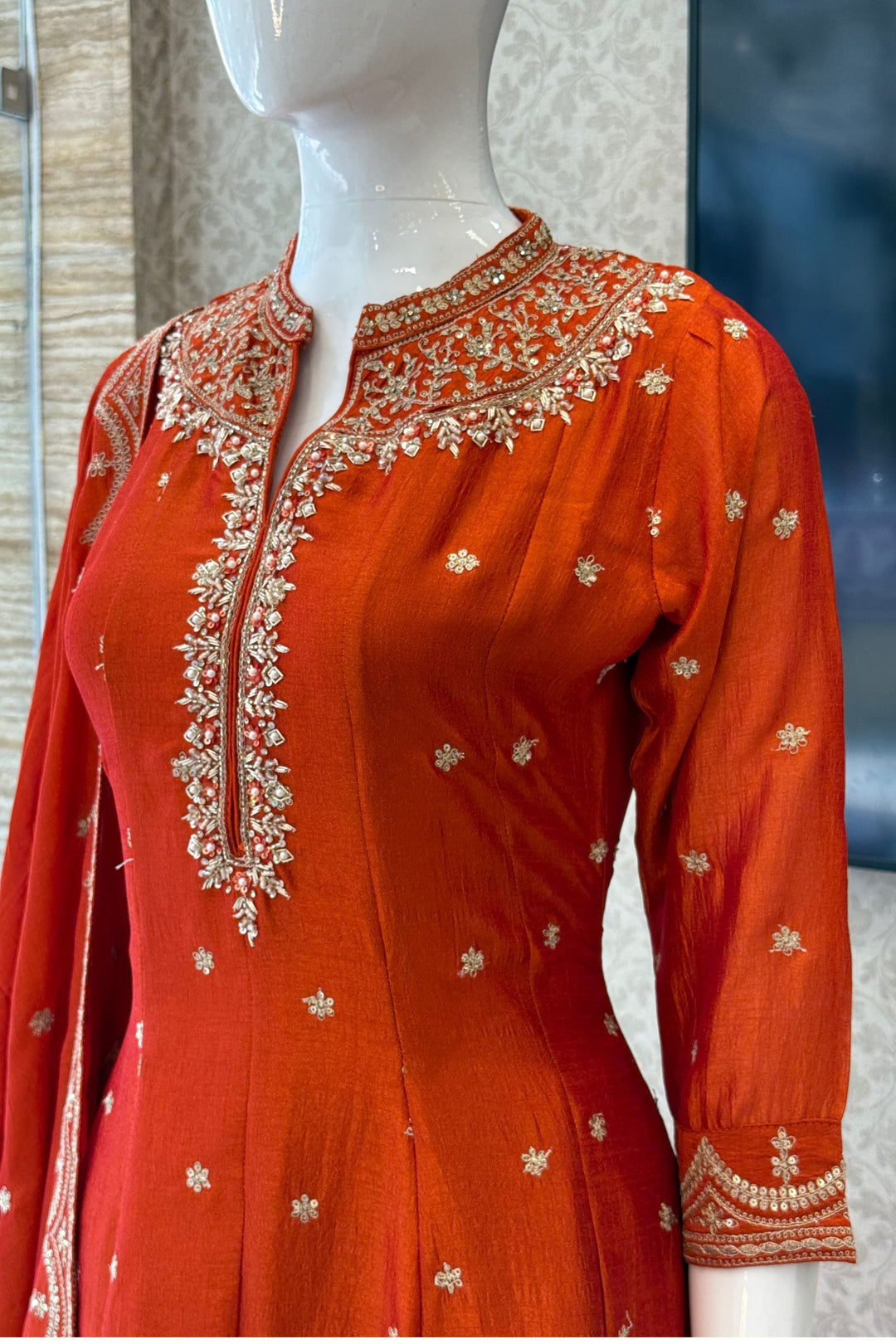 Orange Zari, Zardozi, Sequins and Stone work A-line Cut Salwar Suit