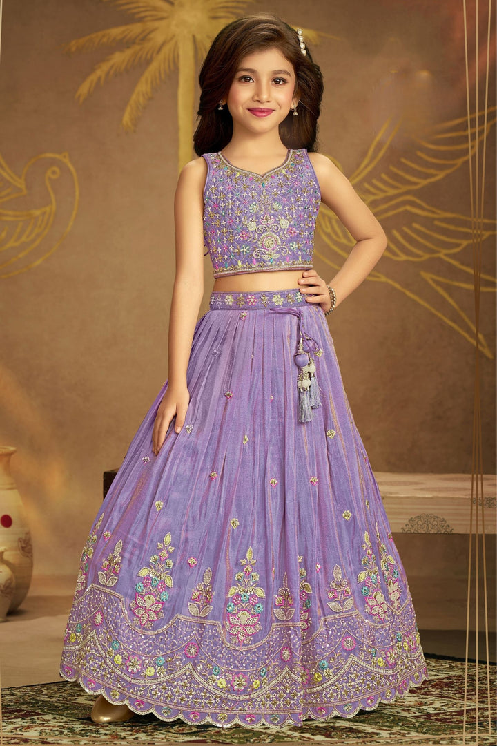 Lavender Beads, Stone, Zari and Multicolor Thread work Lehenga Choli for Girls