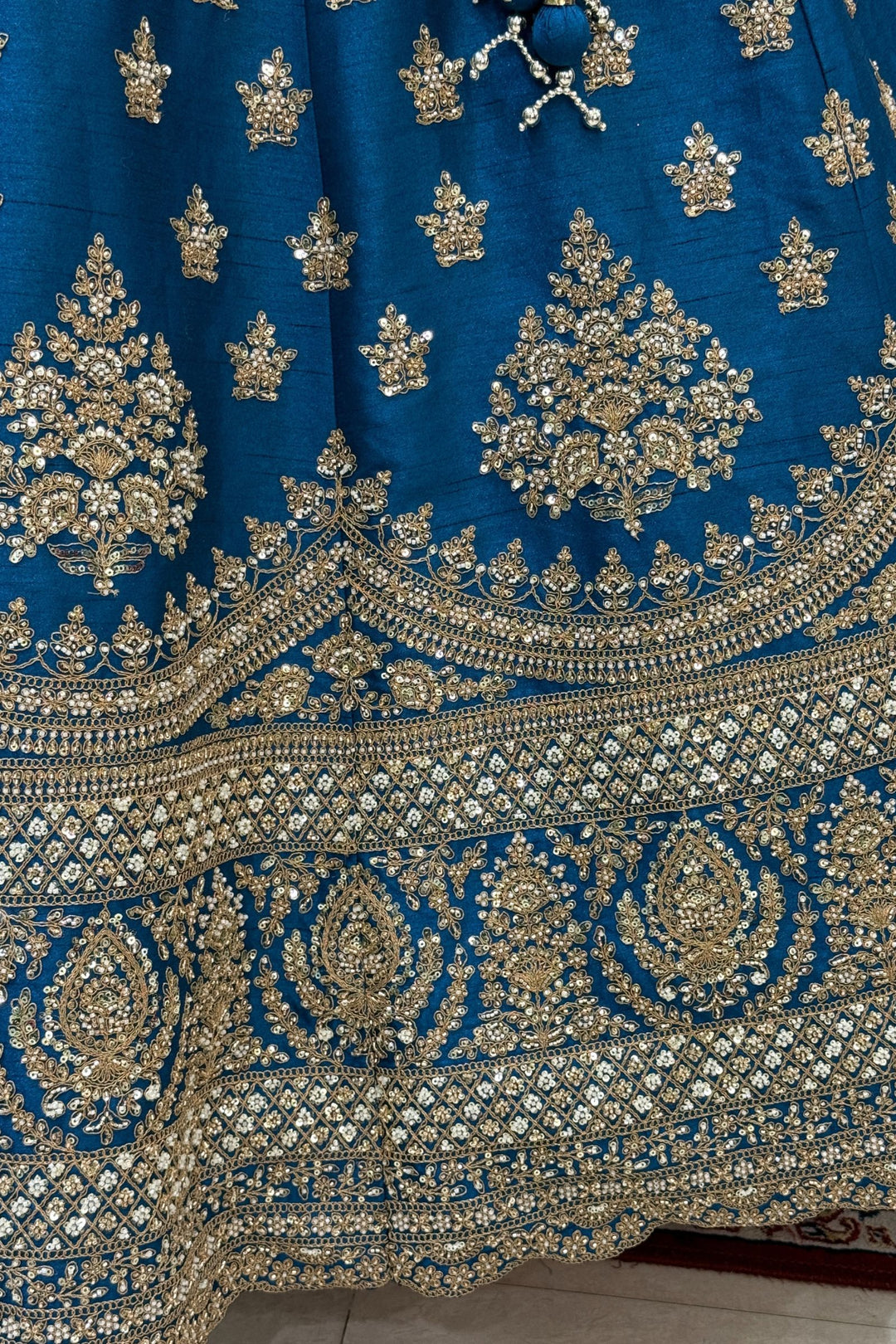 Teal Blue Beads, Zari, Zardozi and Sequins work Crop Top Designer Bridal Lehenga with Belt
