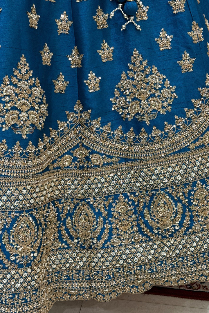 Teal Blue Beads, Zari, Zardozi and Sequins work Crop Top Designer Bridal Lehenga with Belt