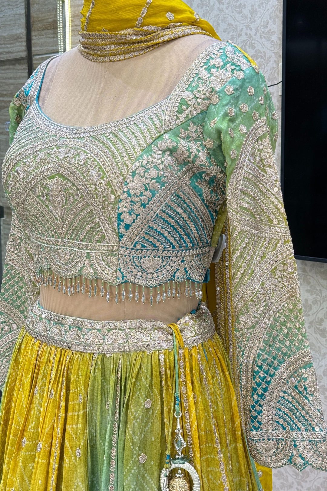 Yellow with Green Sequins, Zari and Beads work with Bandini Print Crop Top Lehenga
