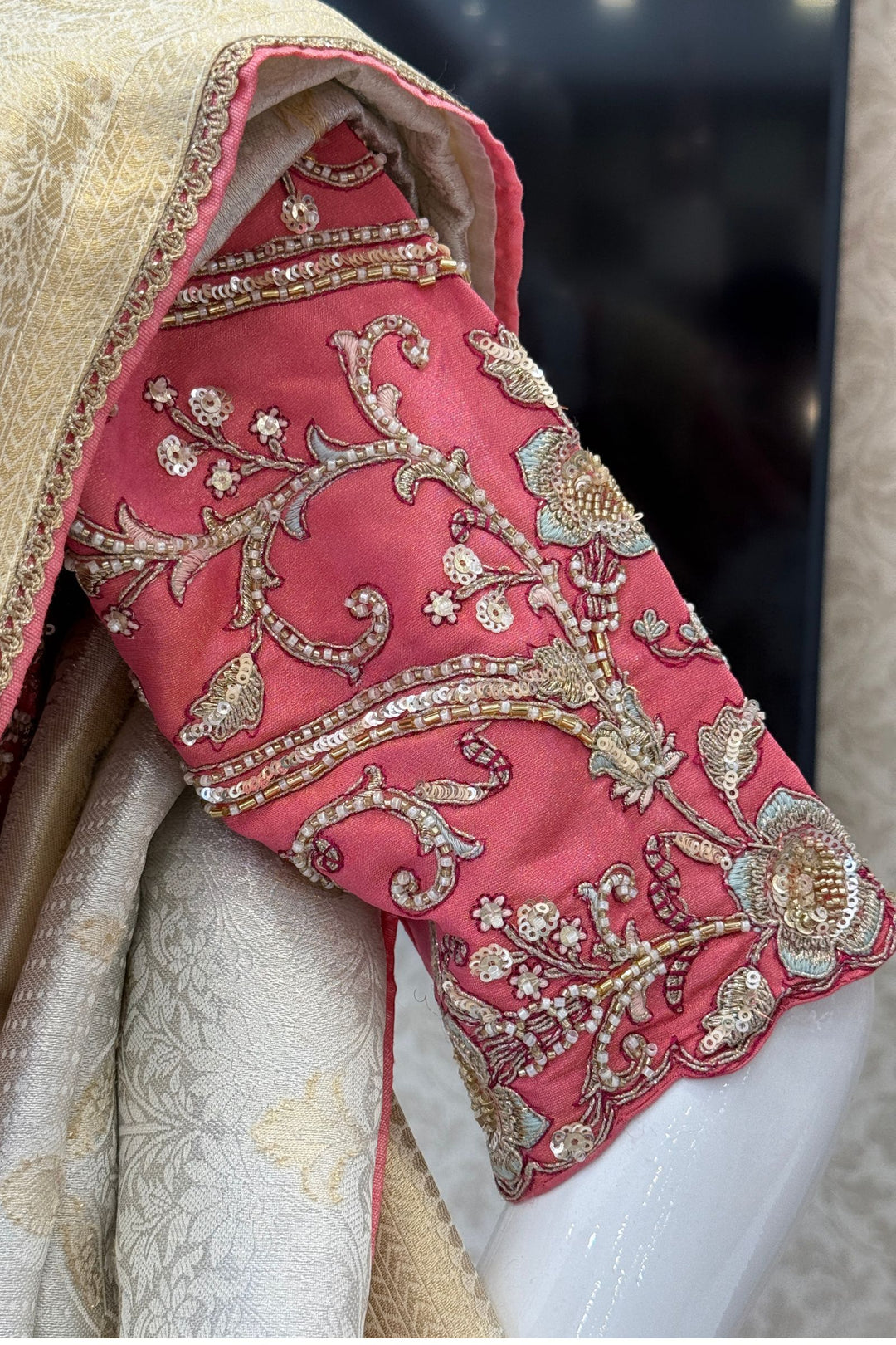 Silver Zari work Saree with Pearl, Zardozi, Beads and Sequins work Readymade Blouse