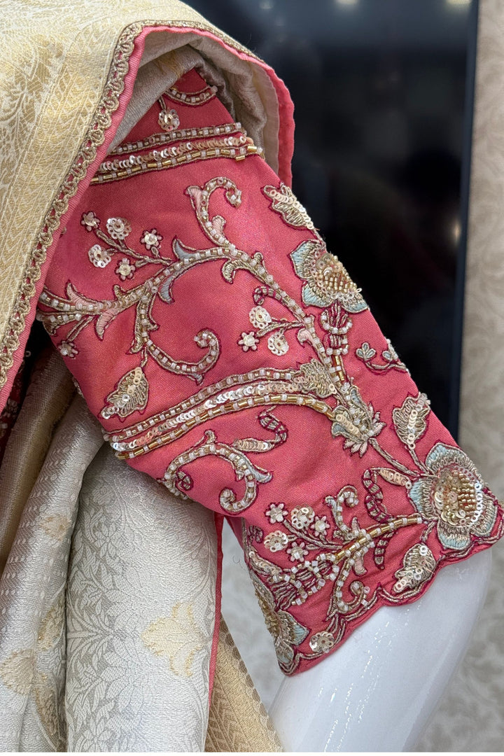 Silver Zari work Saree with Pearl, Zardozi, Beads and Sequins work Readymade Blouse