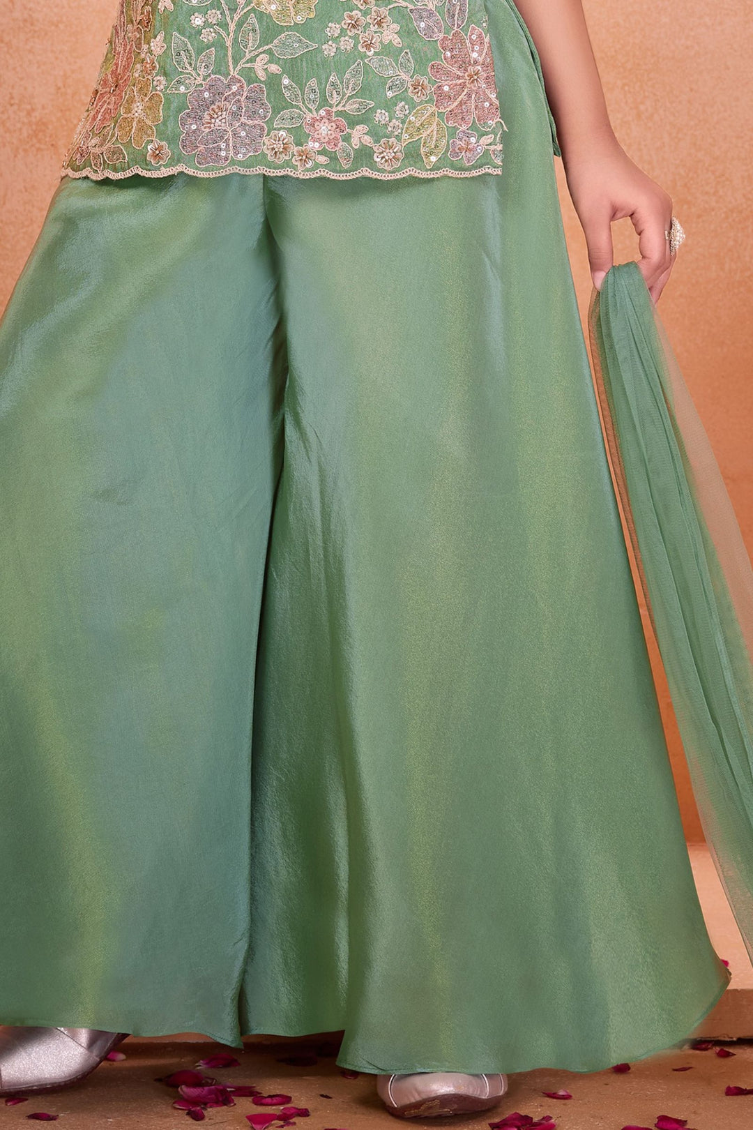 Sea Green Beads, Stone and Multicolor Thread work Palazzo Suit Set for Girls