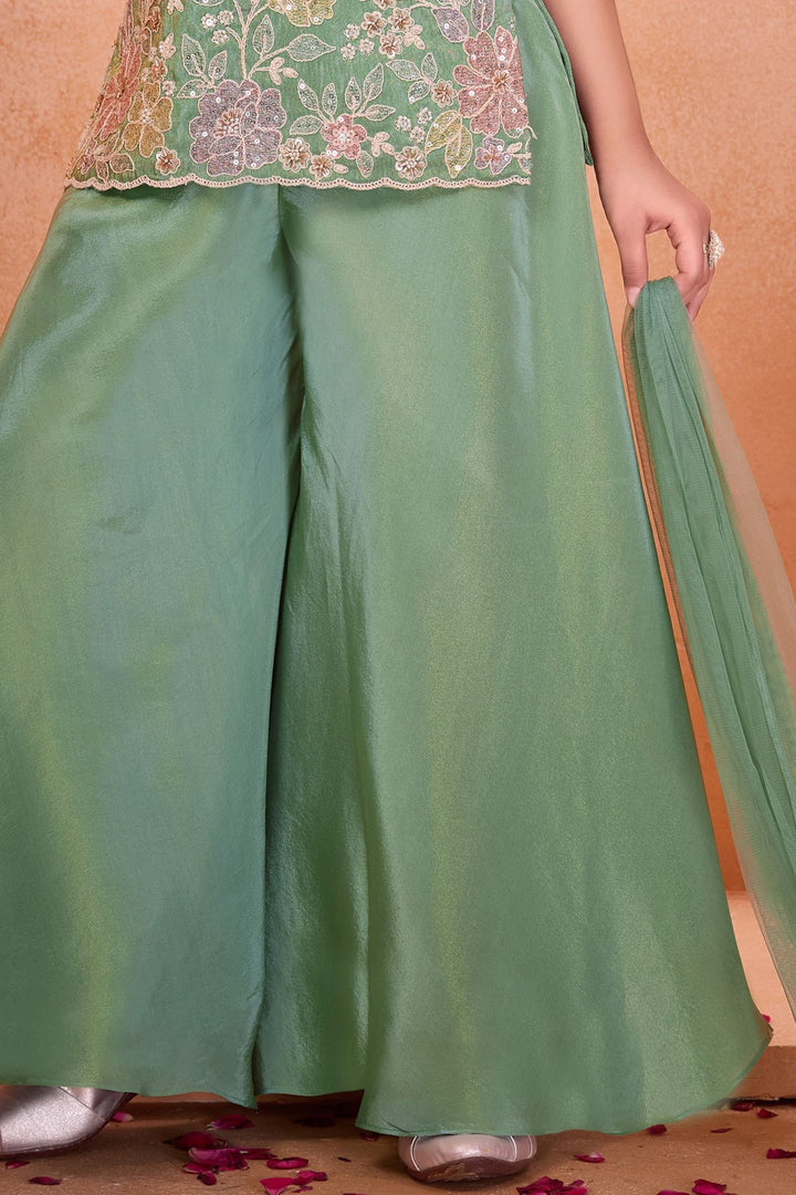 Sea Green Beads, Stone and Multicolor Thread work Palazzo Suit Set for Girls