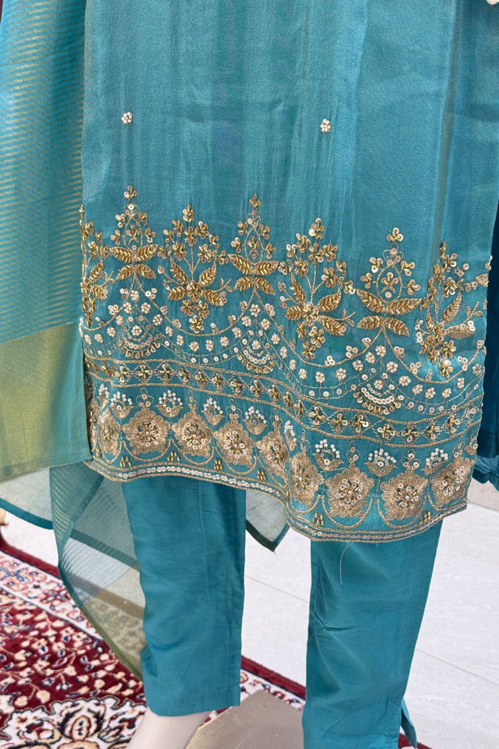 Rama Blue Beads, Zari, Stone and Sequins work Straight Cut Salwar Suit