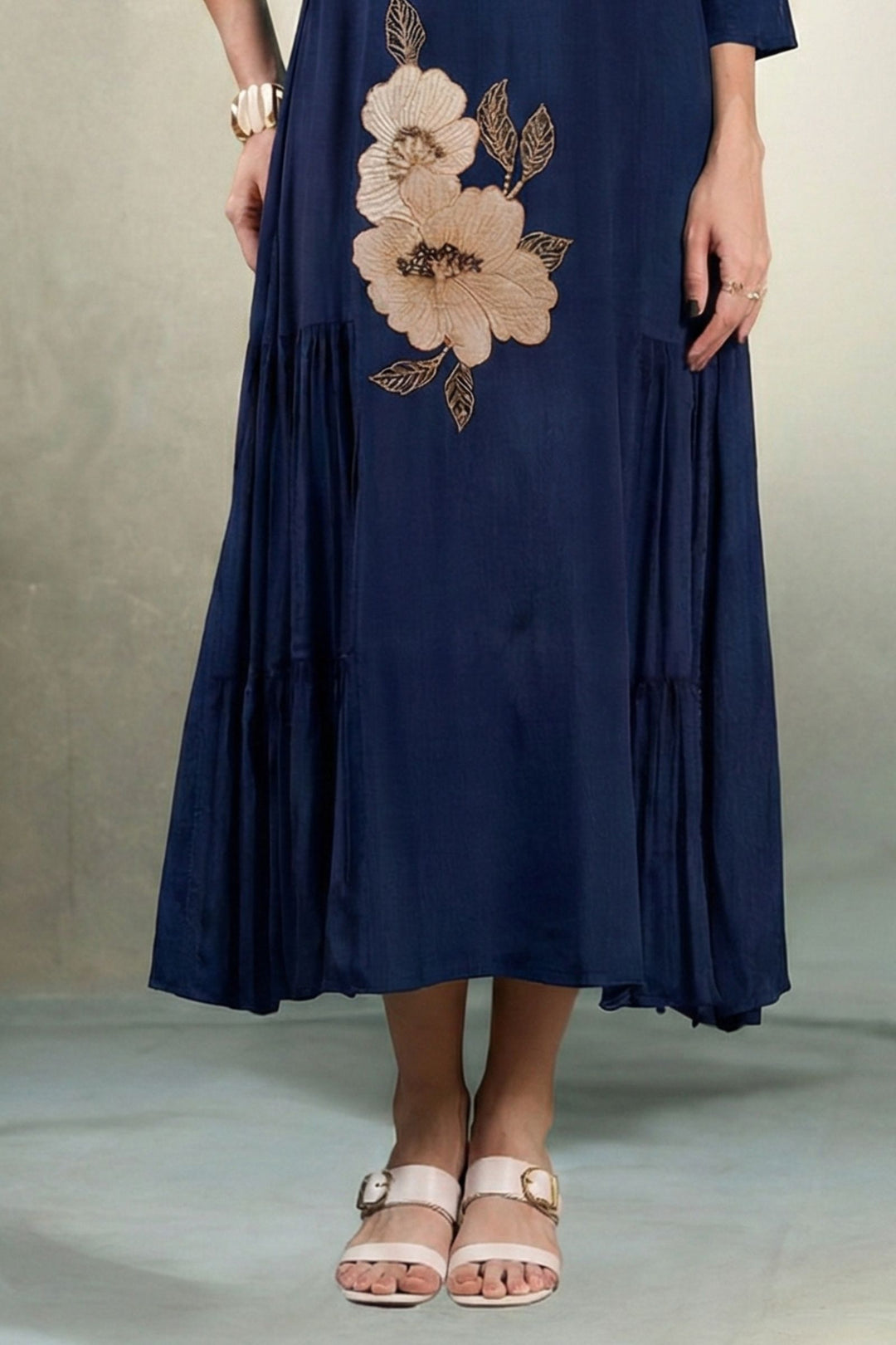 Navy Blue Beads and Zari work Anarkali Styled Long Kurti