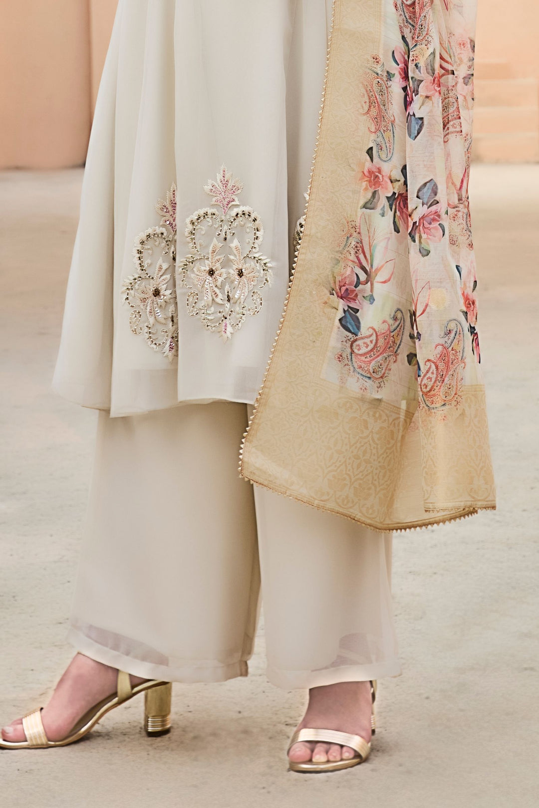 Cream Beads, Sequins and Embroidery work Anarkali Style Salwar Suit with Palazzo Pant