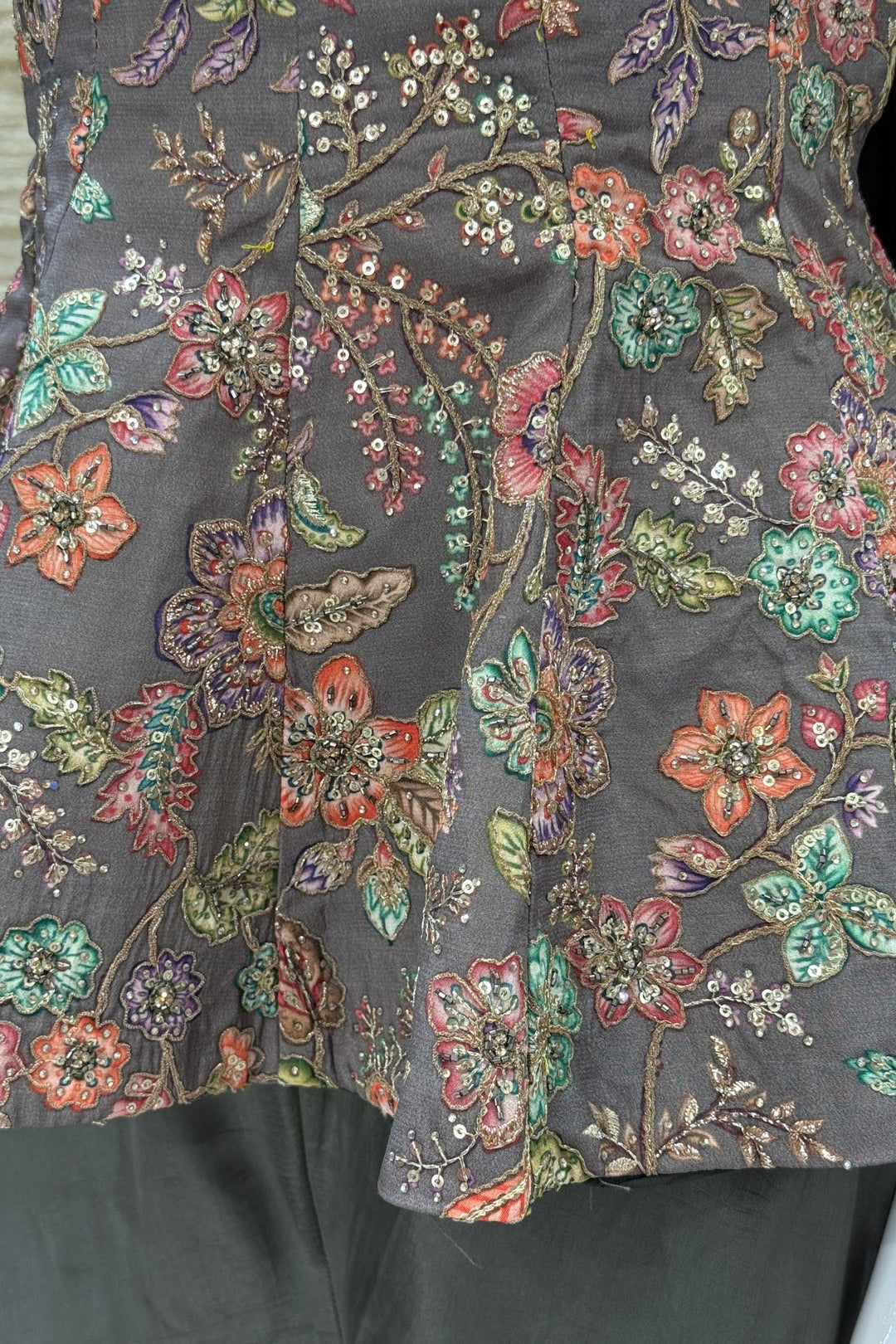Grey Floral Print Peplum Top and Flared Palazzo Set with Zari and Beads work