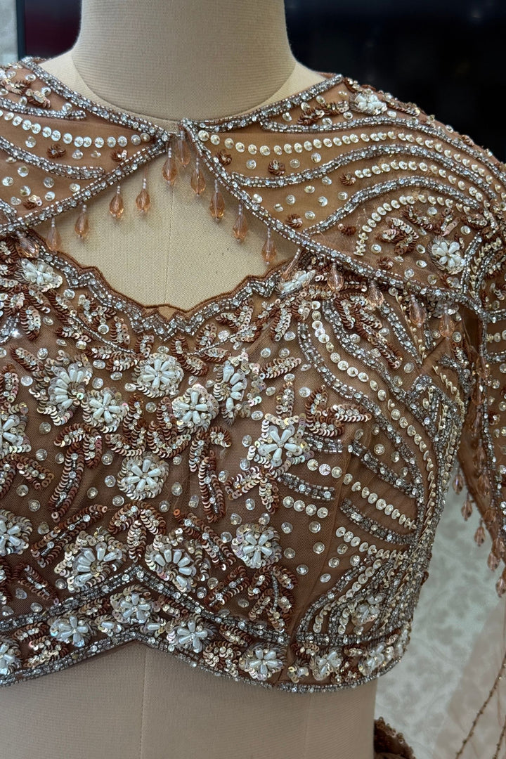 Designer Copper Brown Lehenga with Intricate Beads, Stone and Sequins work