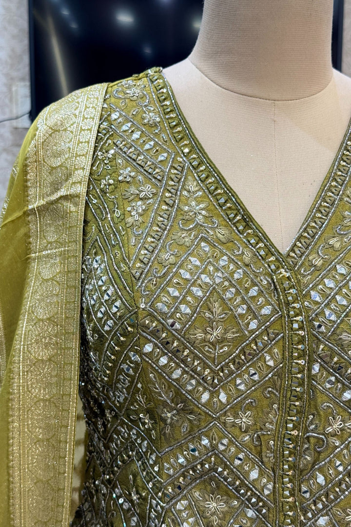 Mehendi Green Mirror, Beads, Sequins, Zardozi and Banaras work Peplum Style Lehenga