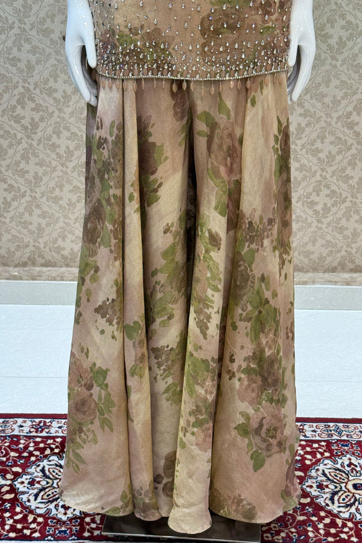 Light Brown Floral Print Top and Flared Palazzo Set with Kundan and Beads work