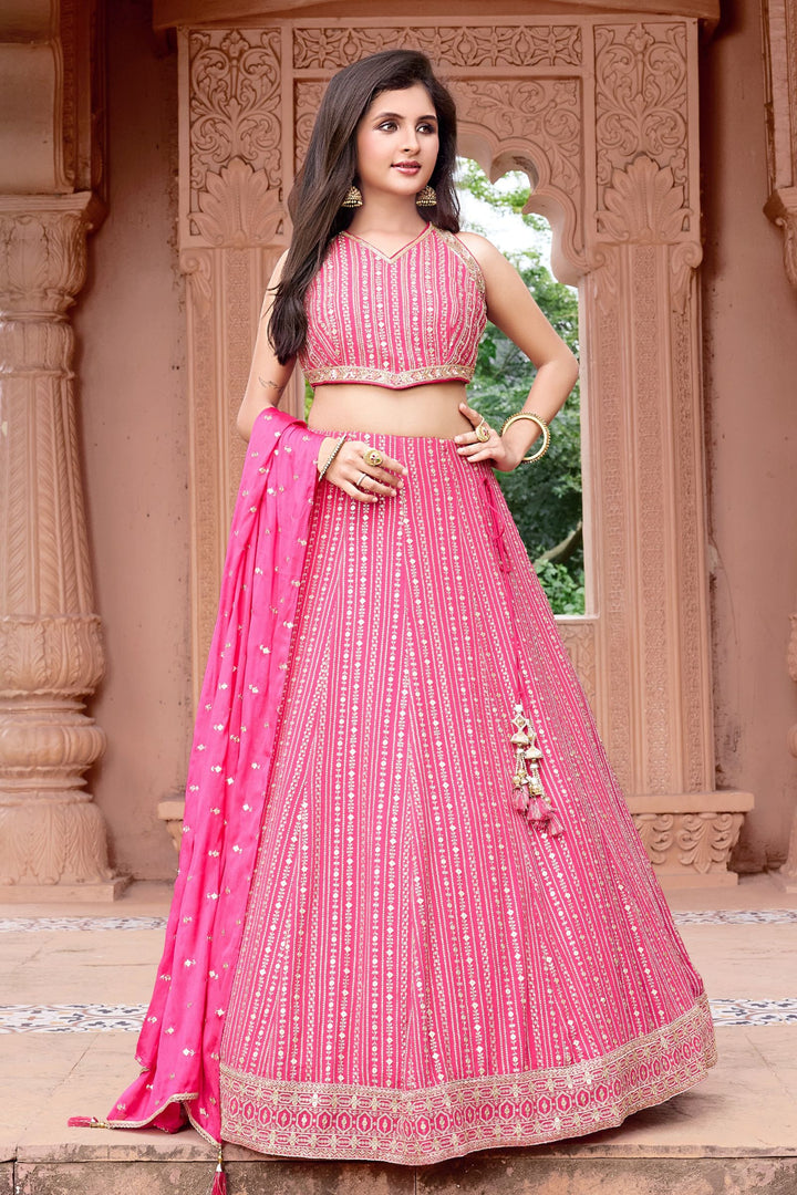 Pink Sequins, zari, Stone, Beads and Mirror work Lehenga Choli for Girls