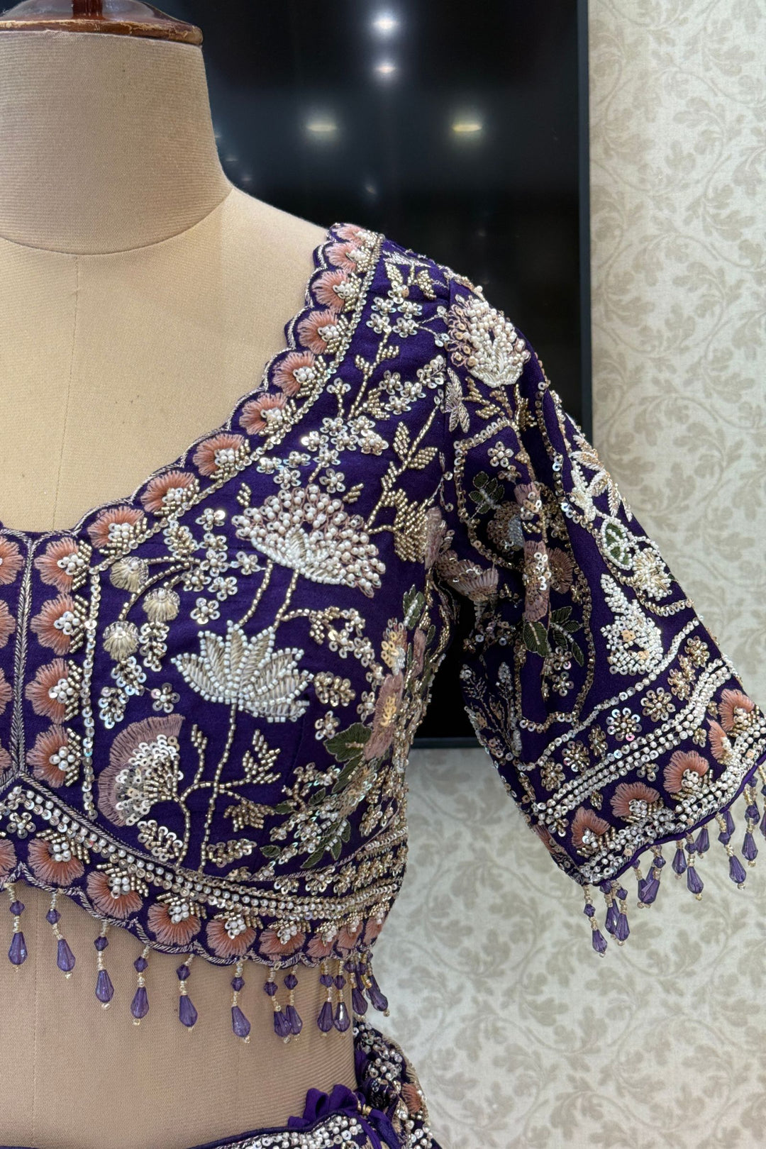 Purple Bridal Lehenga Set with Intricate Zari, Sequins, Beads and Floral Embroidery