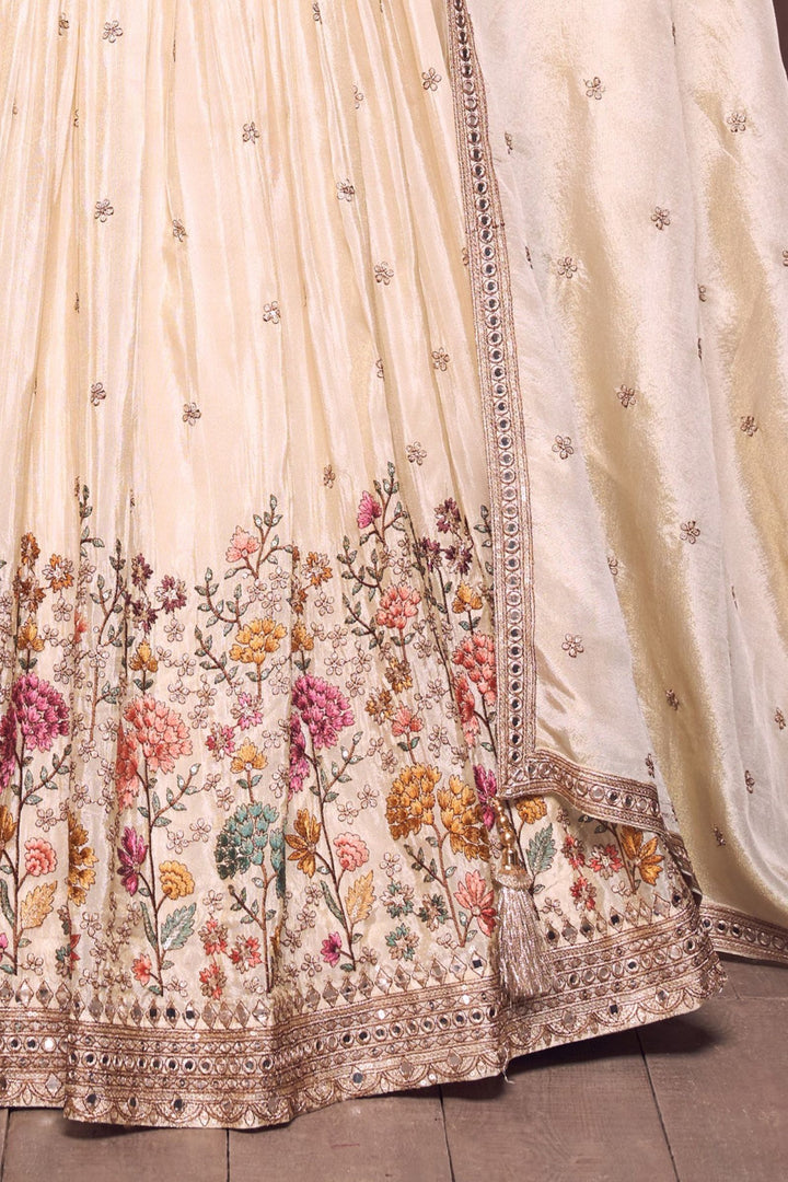 Cream Sequins, Beads, Zardozi and Multicolor Embroidery work Crop Top Lehenga