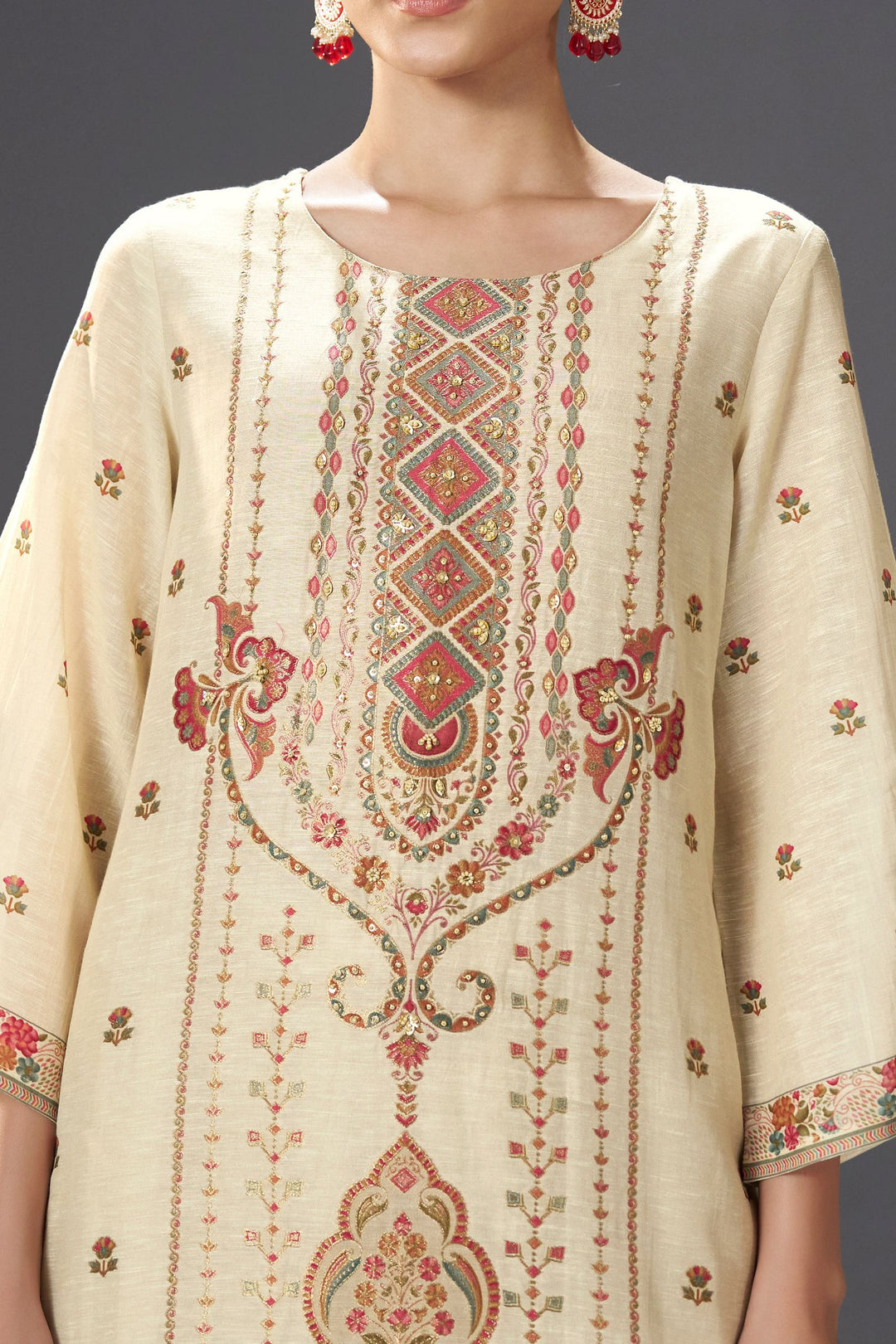 Beige Beads and Multicolor Banaras work Straight Cut Salwar Suit