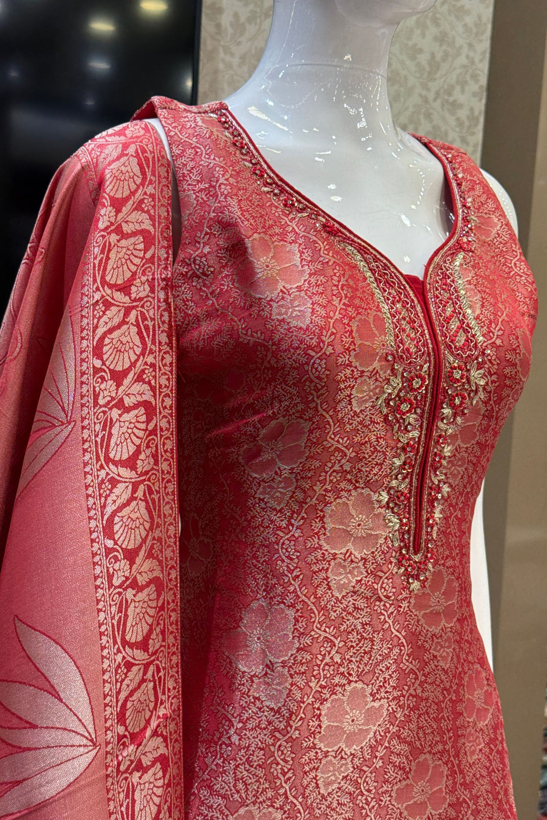 Red Brocade, Zardozi, Stone, Beads and Thread work Straight Cut Salwar Suit