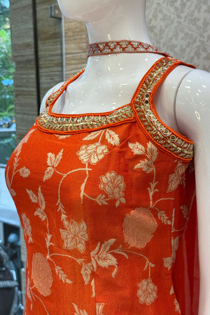 Orange Banaras Zari, Mirror, Zardozi, Sequins, Stone and Beads work Palazzo Salwar Suit