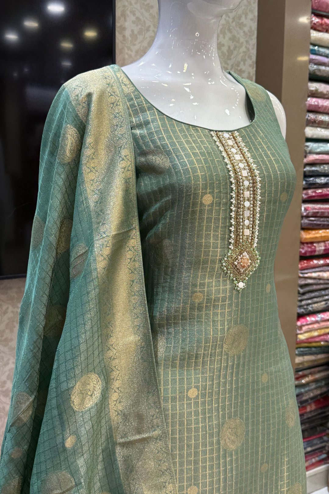 Sea Green Banaras, Beads, Pearl, Zardozi, Thread and Mirror work Straight Cut Salwar Suit