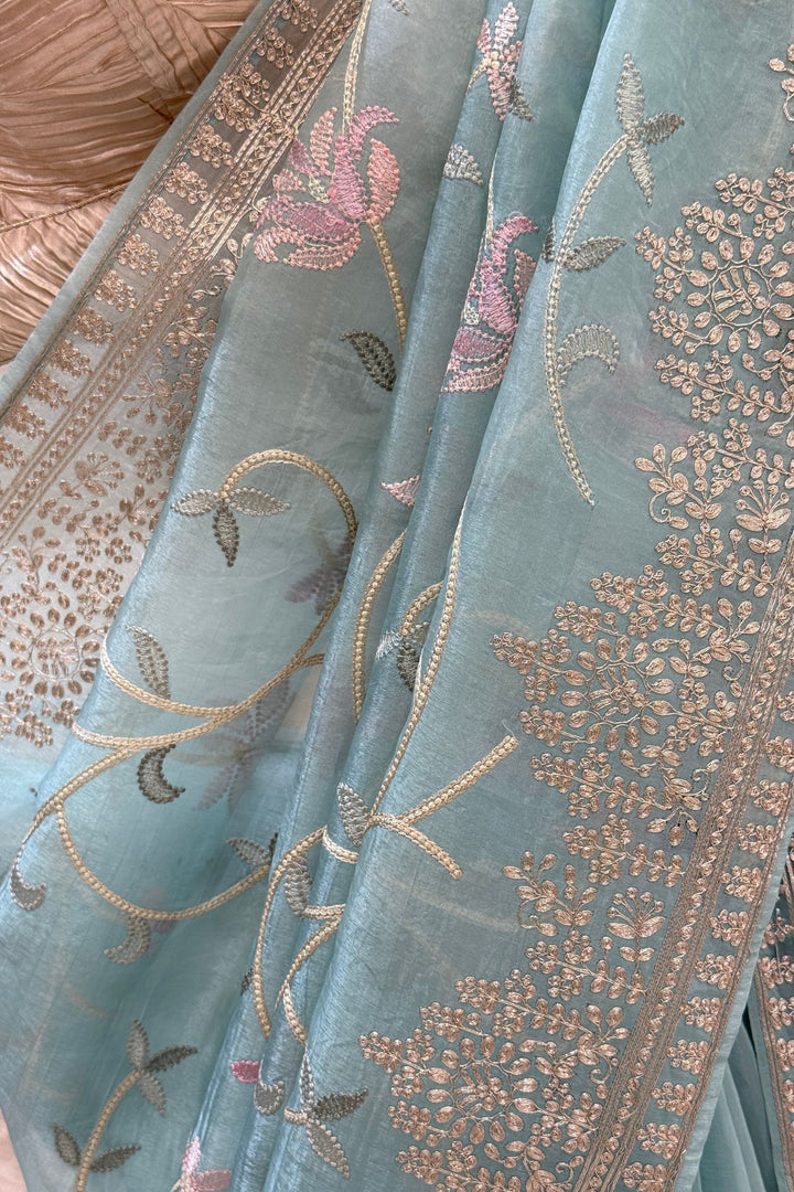 Sea Green Designer Saree with Silver Zari Border and Floral Embroidery