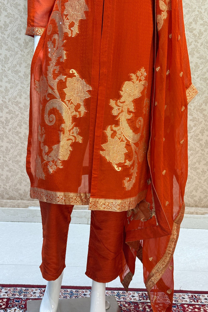 Orange Banaras, Stone, Zardozi, SEquins, Beads and Zari work Straight Cut Salwar Suit
