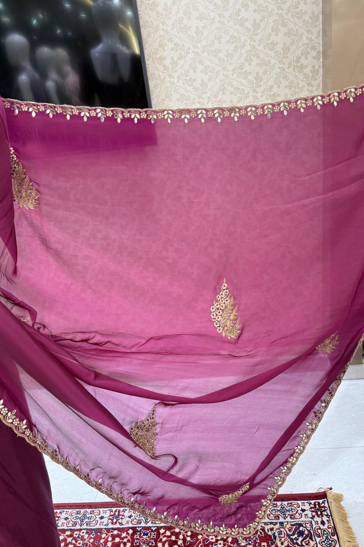 Wine Mirror, Pearl, Zardozi, Stone and Beads work Saree