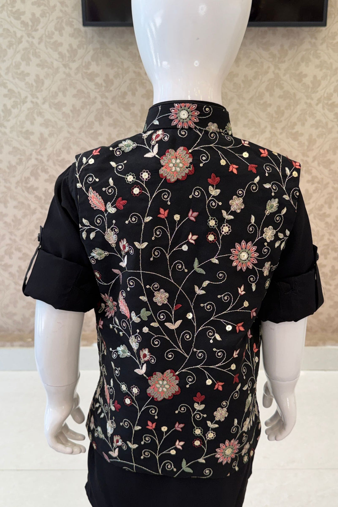 Black Zari, Sequins and Multicolor Thread work Waist Coat Kurta Set for Boys