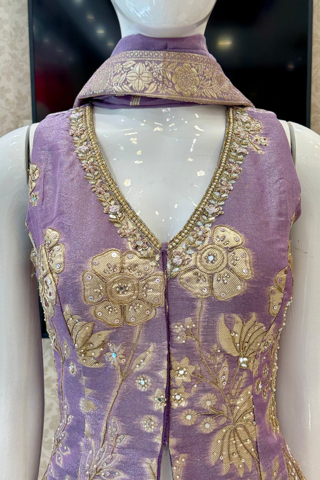 Lavender Palazzo Salwar Suit with Banaras, Mirror, Zari, Sequins and Stone Detailing