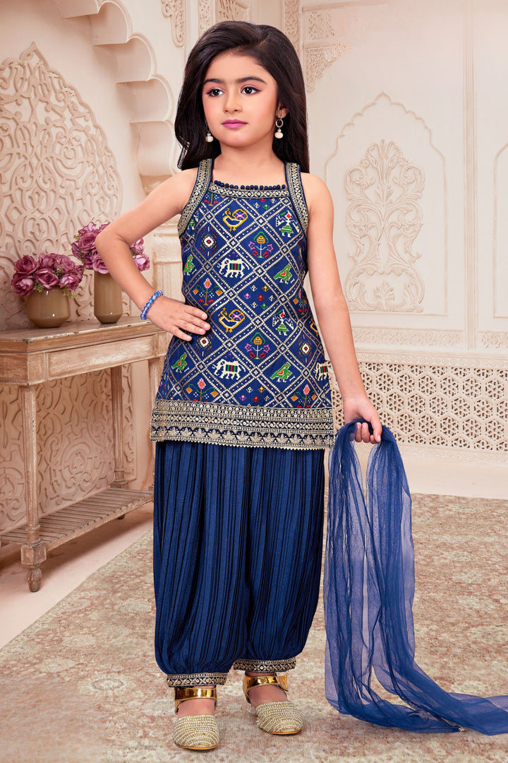 Navy Blue Sequins and Zari work with Patola Print Top and Afghani Set for Girls
