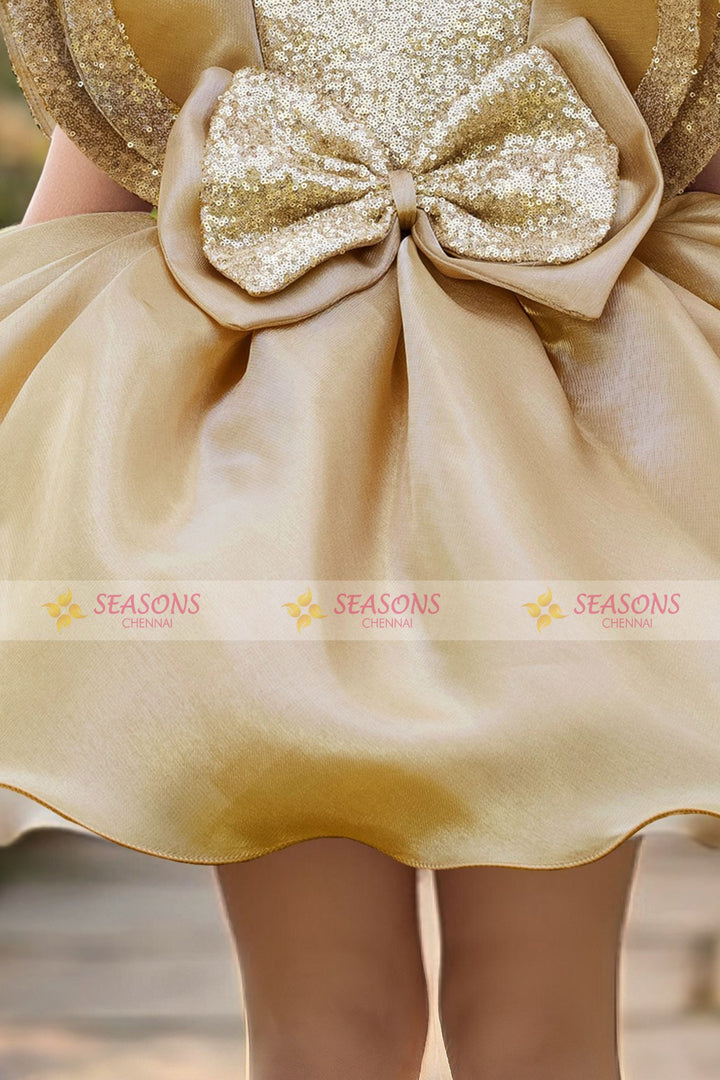 Gold Sequins work Short Partywear Frock for Girls